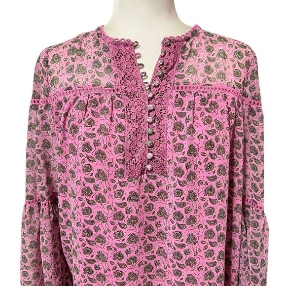 Rebecca Minkoff Paisley XSmall Bell Sleeve Blouse Pink Women’s Floral - Picture 2 of 13
